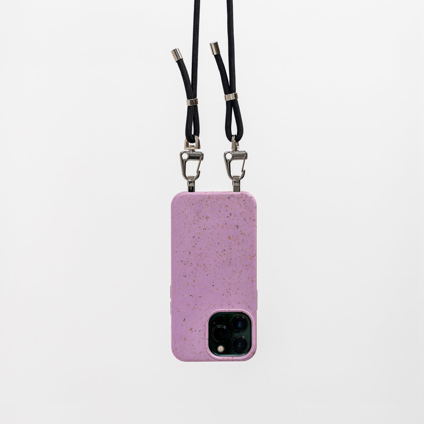 Loop lavender crossbody phone case with black cord hanging rear view 