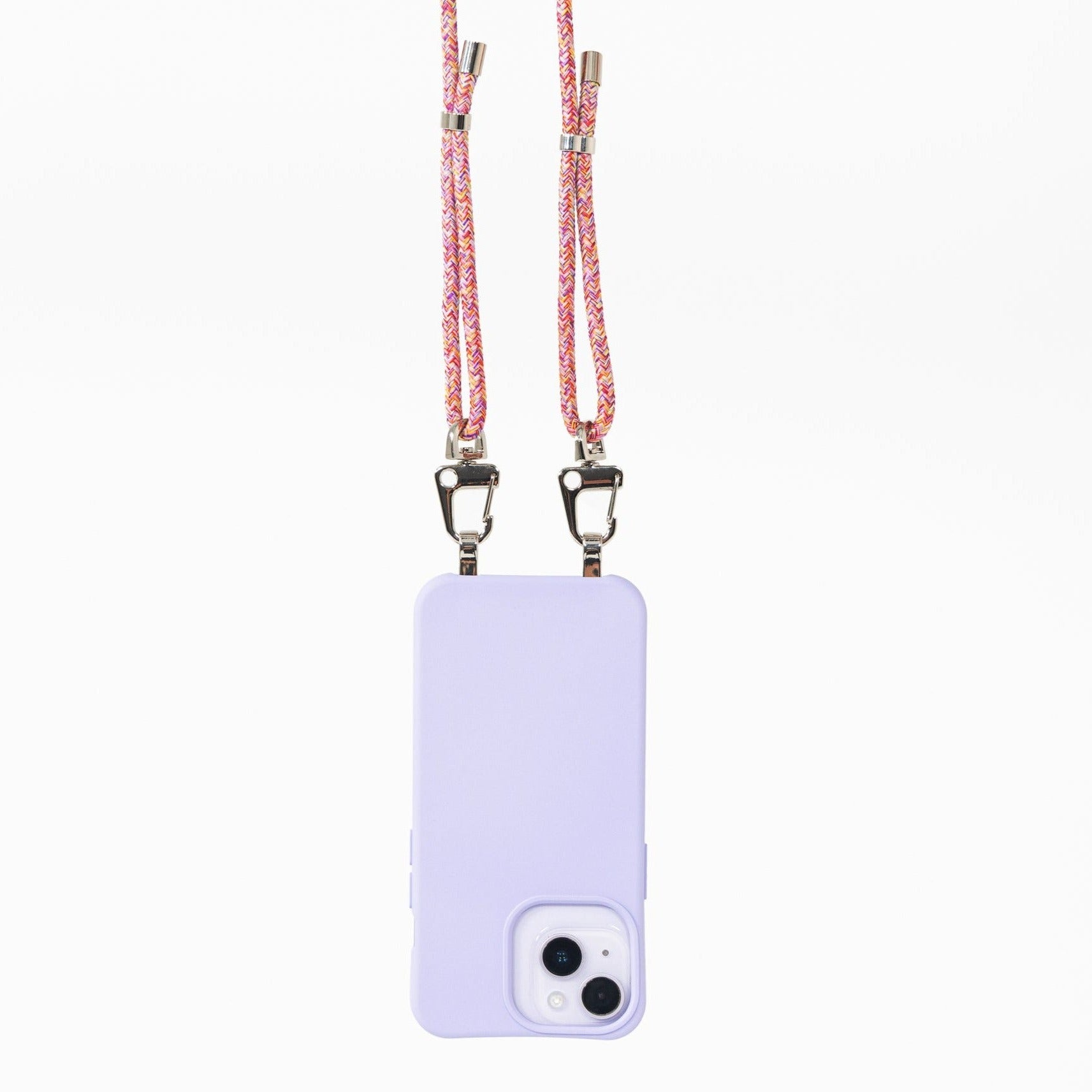 Lilac crossbody phone case hanging with sangria cord attached