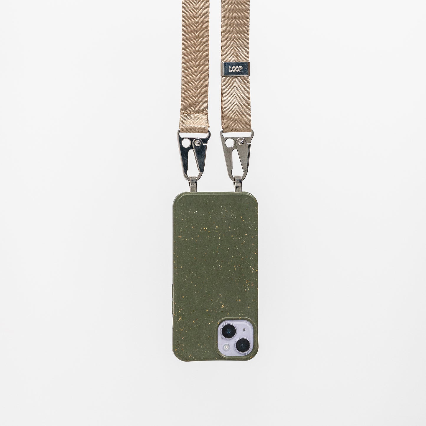 Loop pesto crossbody phone case with latte strap hanging 