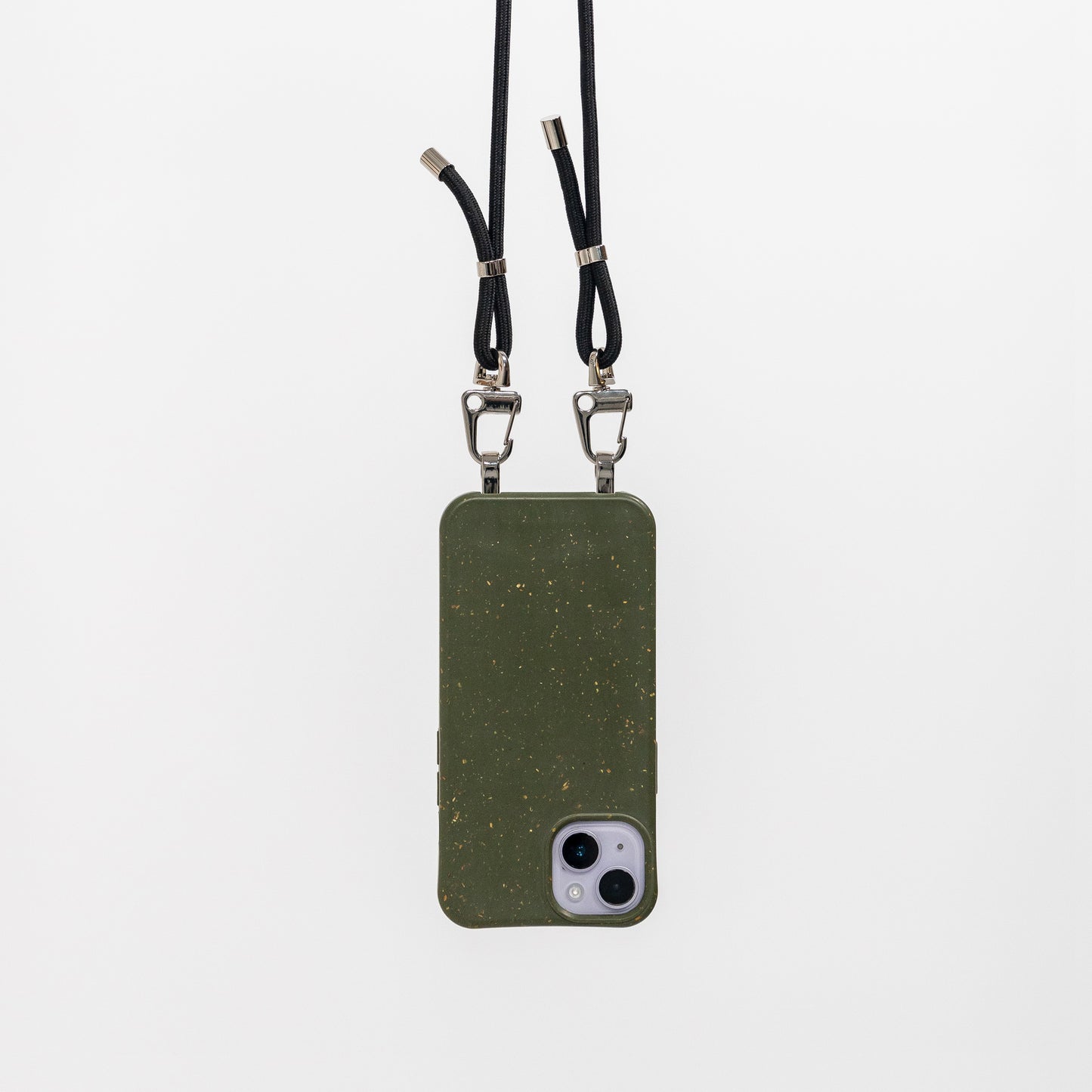 Pesto crossbody phone case with black cord attached hanging 