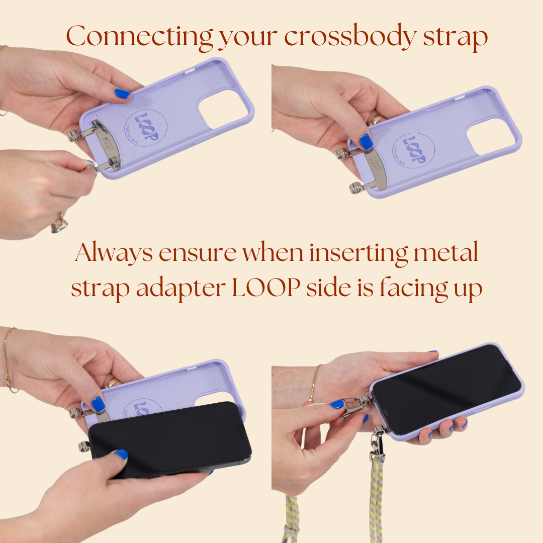 Crossbody phone case being installed in four different images